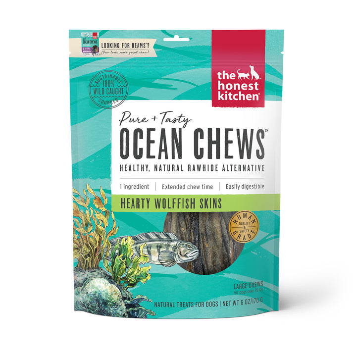 The Honest Kitchen BEAMS Grain Free Large Ocean Chews Wolffish Skin Dog Treats 6oz, Front Pouch