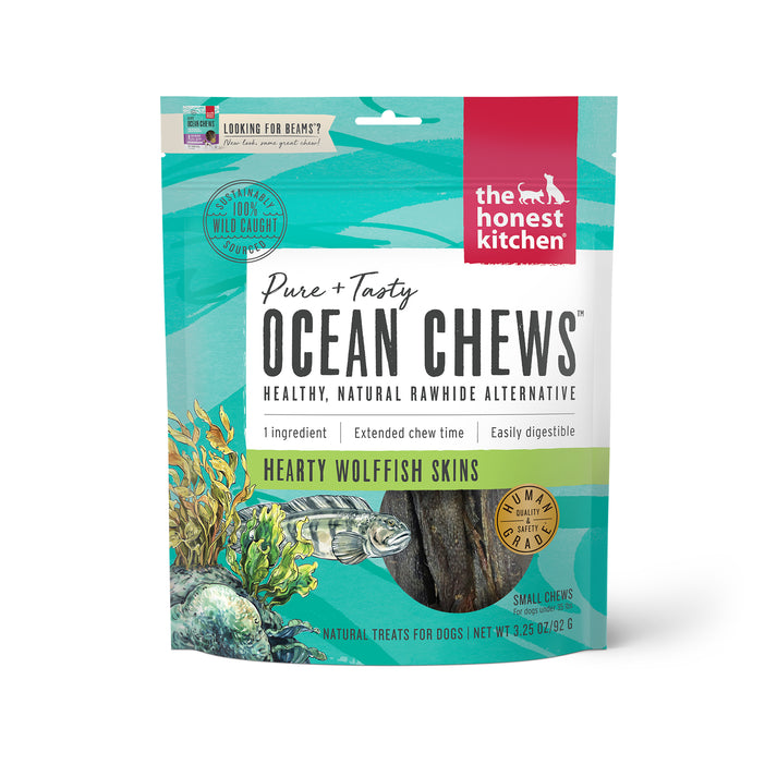 The Honest Kitchen BEAMS Grain Free Ocean Chews Wolffish Skin Dog Treats 3.25oz, Front Pouch