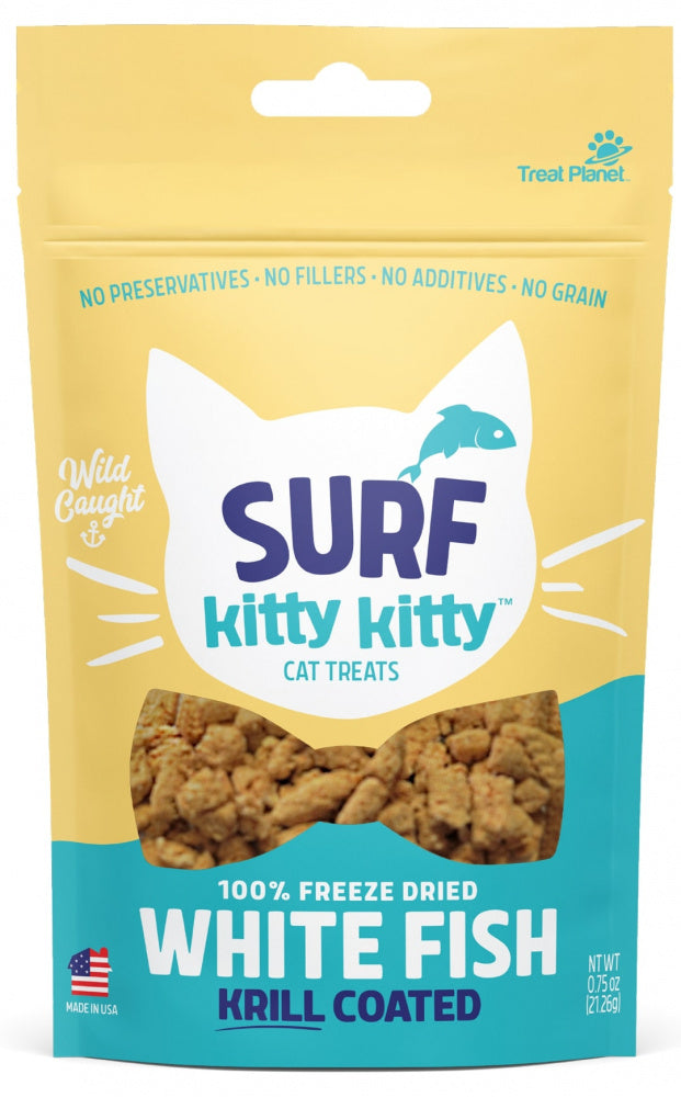 Treat Planet Surf Kitty Kitty 100% Freeze Dried Whitefish with Krill Coating Cat Treats 0.75oz Front Pouch