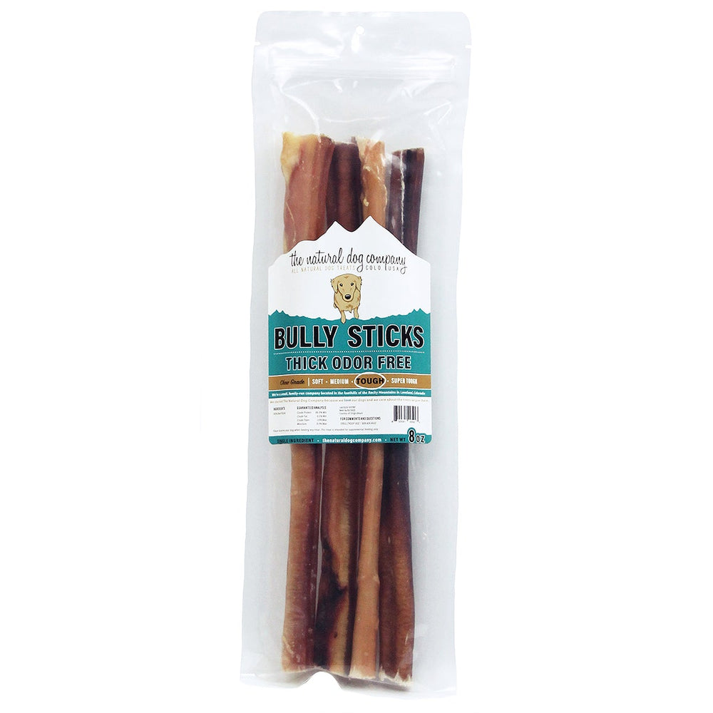 Tuesday's Natural Dog Company Odor Free Thick Bully Sticks Dog Treat 8oz, Front Pack