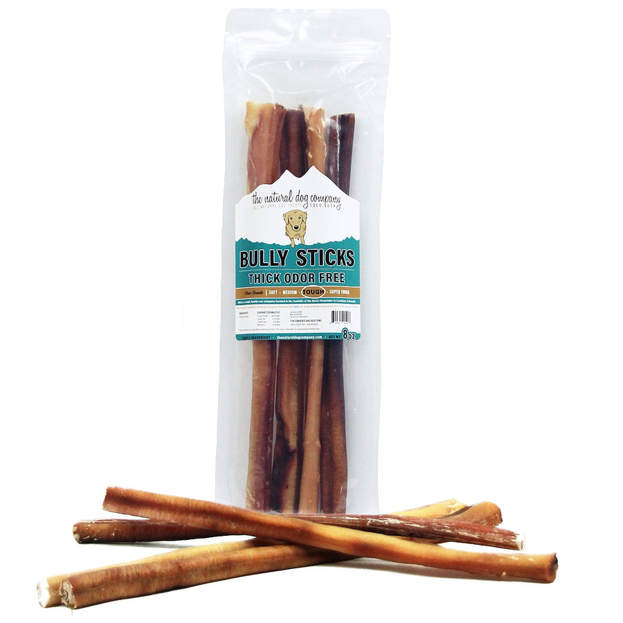 Tuesday's Natural Dog Company Odor Free Thick Bully Sticks Dog Treat 8oz, Tough, Front Packaging