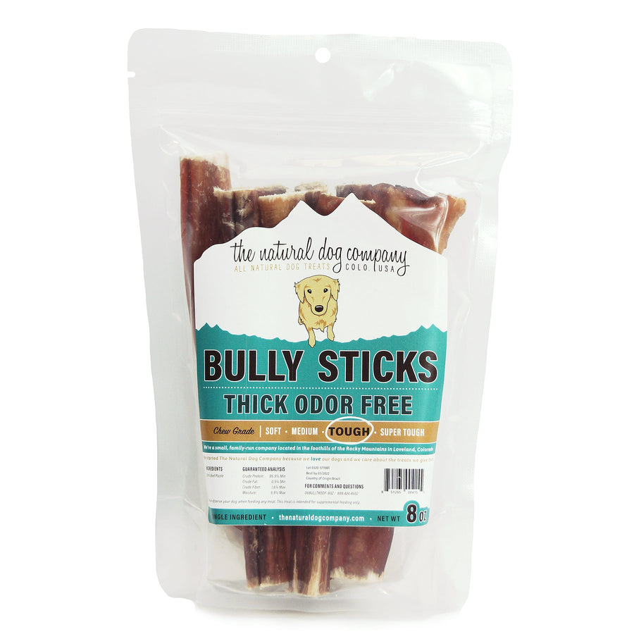Tuesday's Natural Dog Company Odor Free Thick Bully Sticks Dog Treat 8oz Tough, Front Packaging