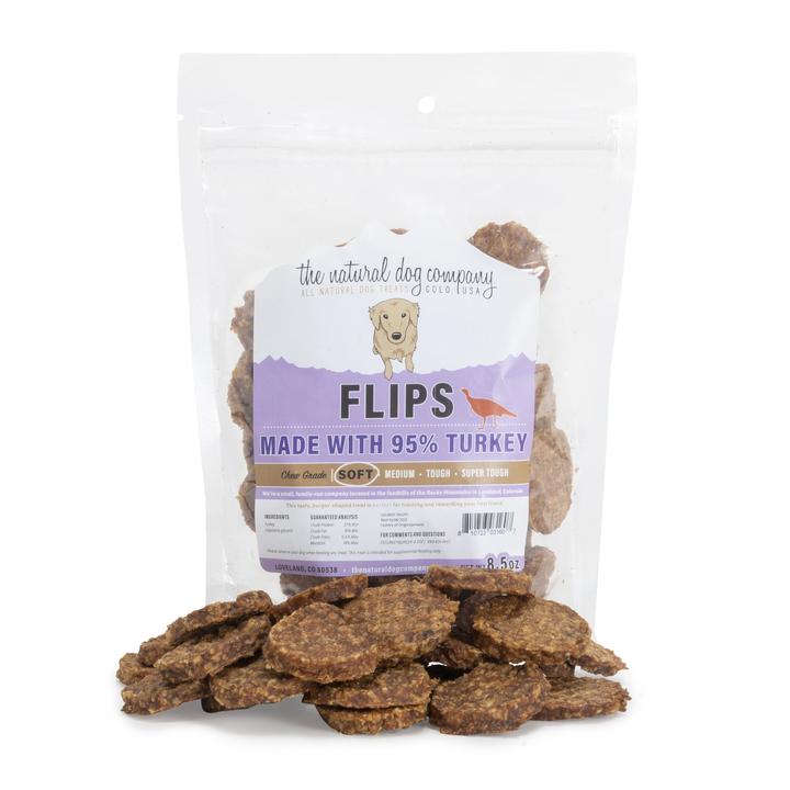 Tuesday's Natural Dog Company Turkey Flips Dog Treat 8.5oz, Front Packaging