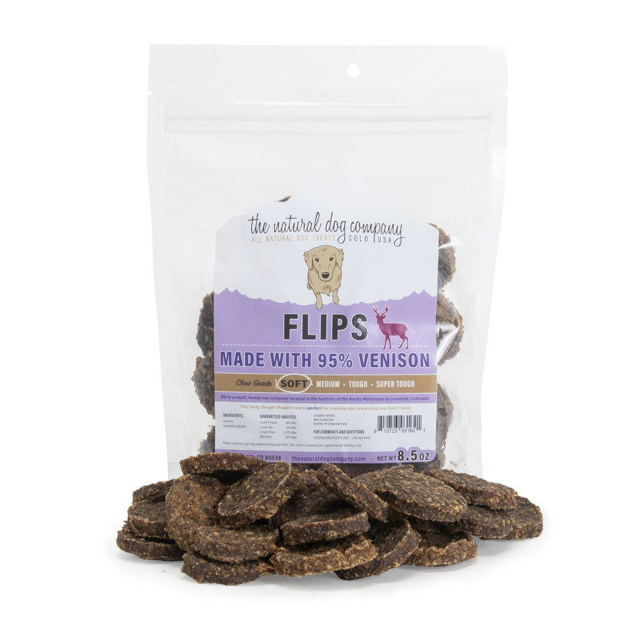 Tuesday's Natural Dog Company Venision Flips Dog Treat 8.5oz, Front Packaging