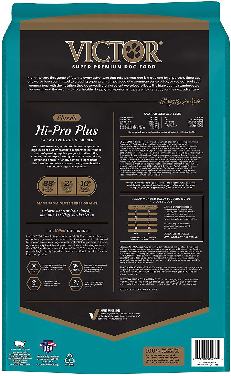 Victor Classic Hi-Pro Plus Dog & Puppy Food 40lbs, Back of Bag