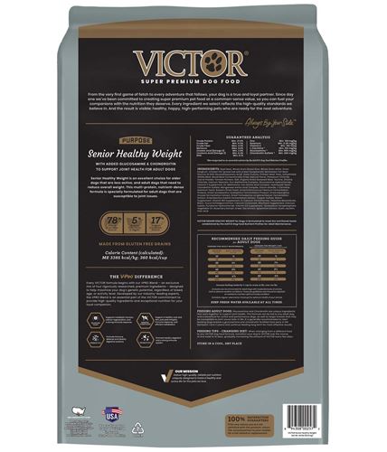 Victor Purpose Senior Healthy Weight Dog Food 40lbs, Back of bag
