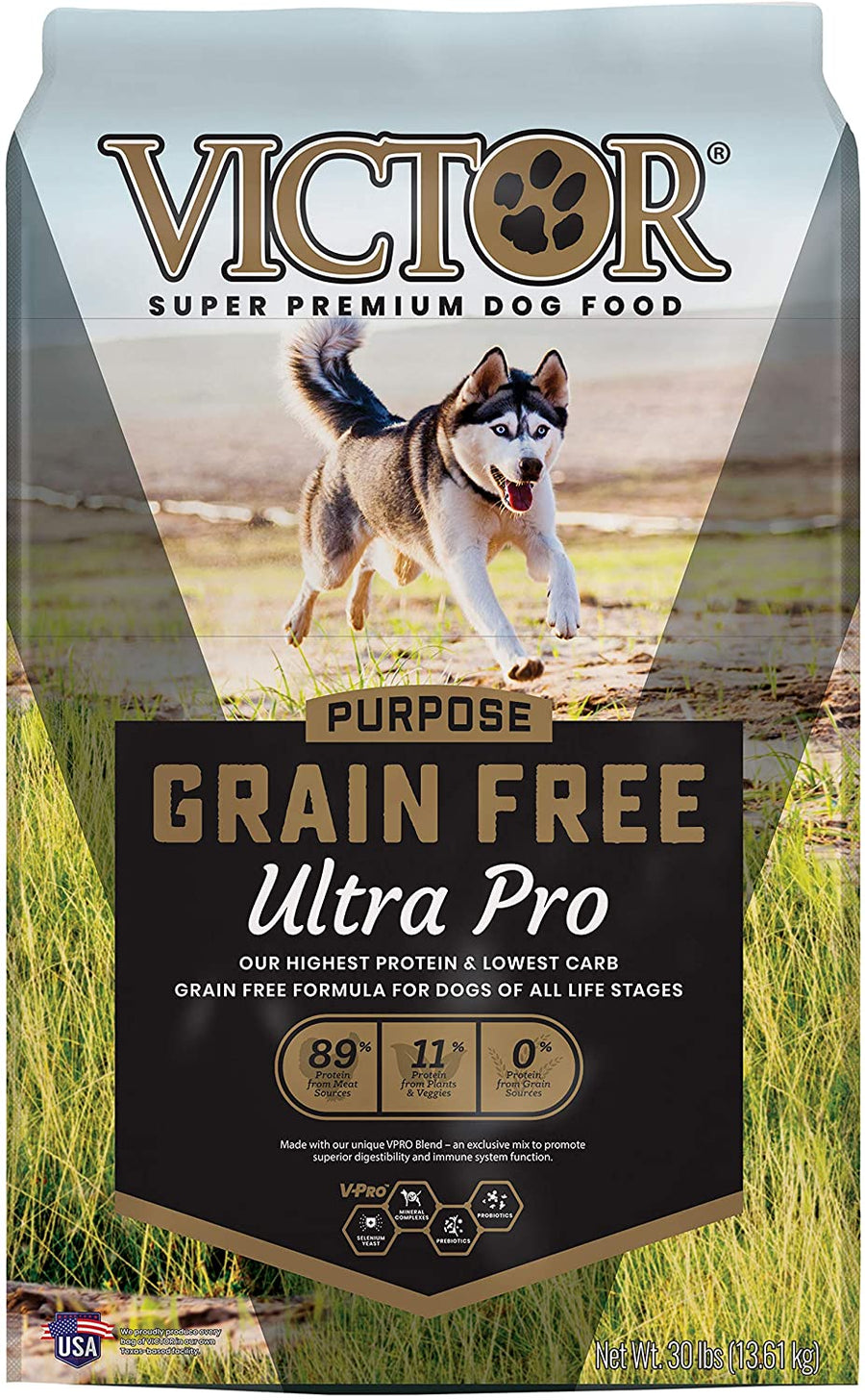 Victor Purpose Ultra Pro Grain Free Dry Dog Food 30lb, Front Bag