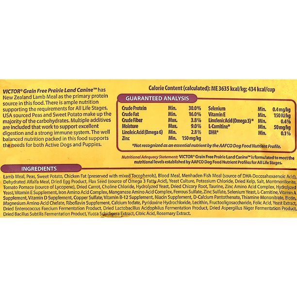 Victor Select Grain Free Lamb Meal & Sweet Potato Dry Dog Food, Back Label showing Analysis and Ingredients