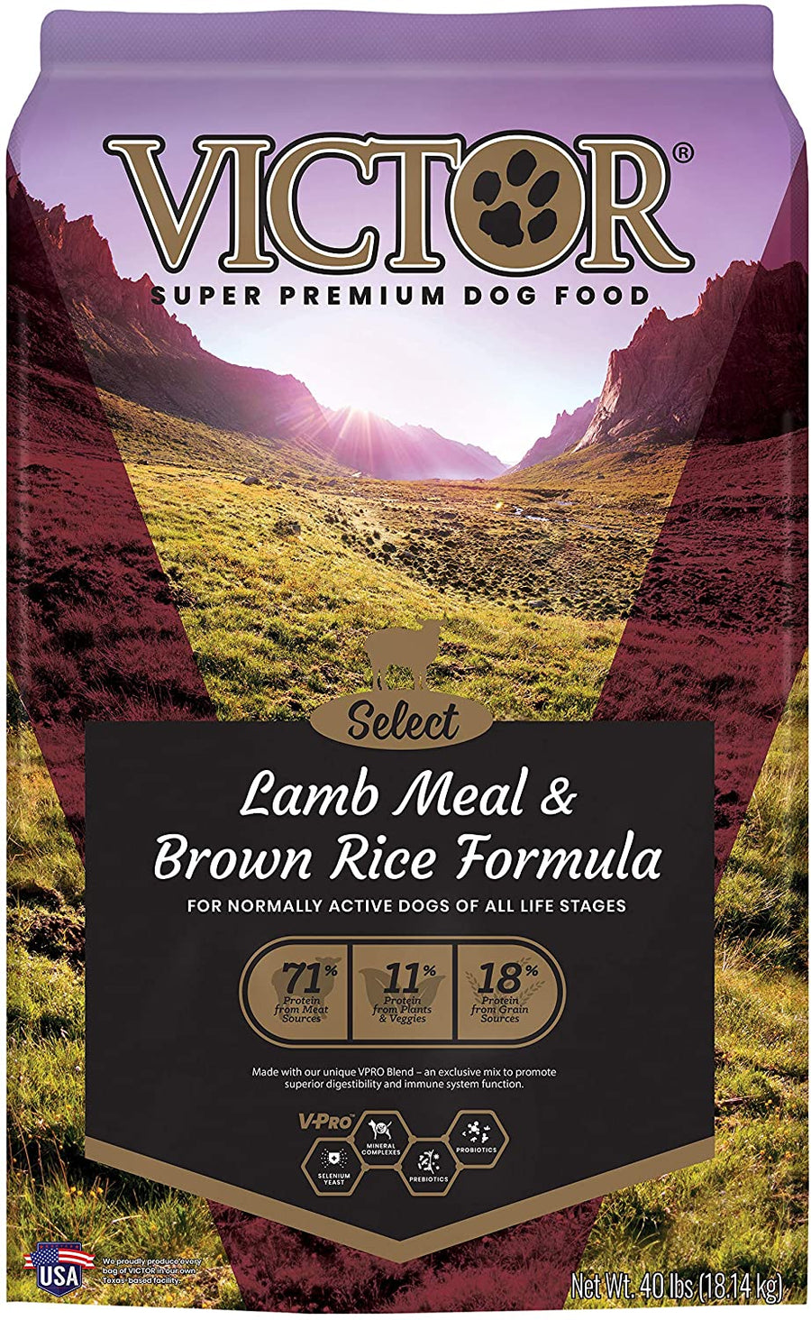Victor Select Lamb & Brown Rice Dog Food 40lbs, Front of Bag