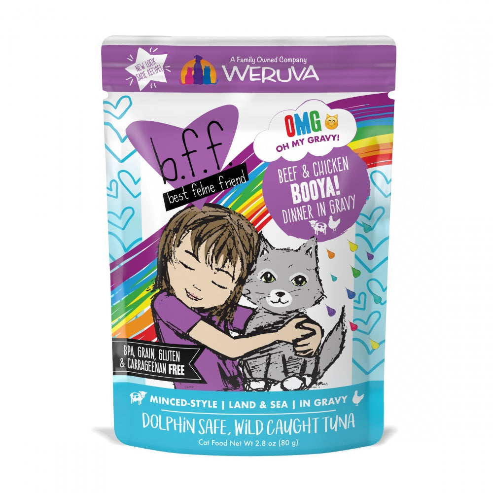 Weruva BFF Oh My Gravy Booya Grain Free Beef & Chicken in Gravy Cat Food 2.8oz, Front Pouch