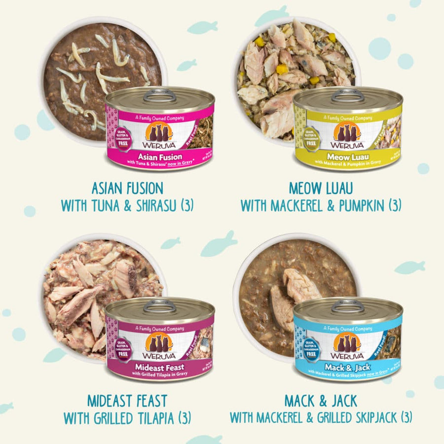 Weruva Seafood & Eat It! Classic Canned Variety Pack Front cans and Content