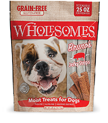 Wholesomes Bruno's Pork Jerky Strips Dog Treats Front Pouch