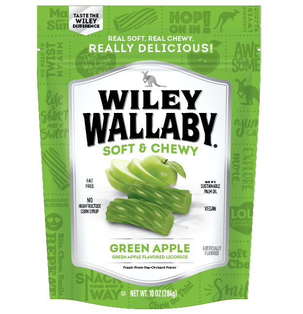 Wiley Wallaby Green Apple Australian Style Licorice 10oz, Front Pouch