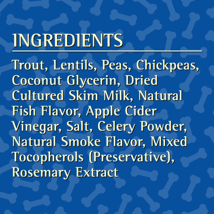 Zignature Grain Free Trout Formula Soft Moist Dog Treats, Ingredients list