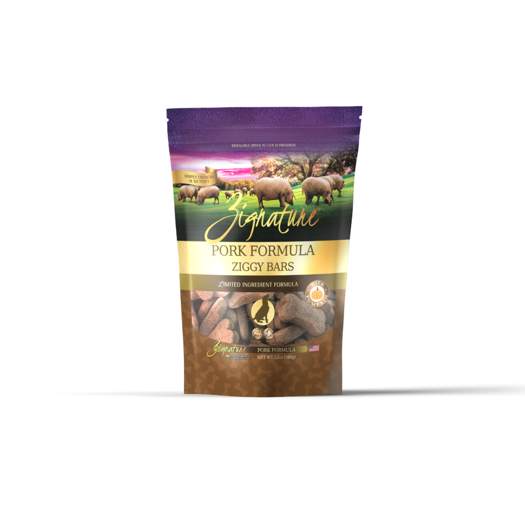 Zignature Ziggy Bars Pork Dog Treats 12oz, Front Pouch