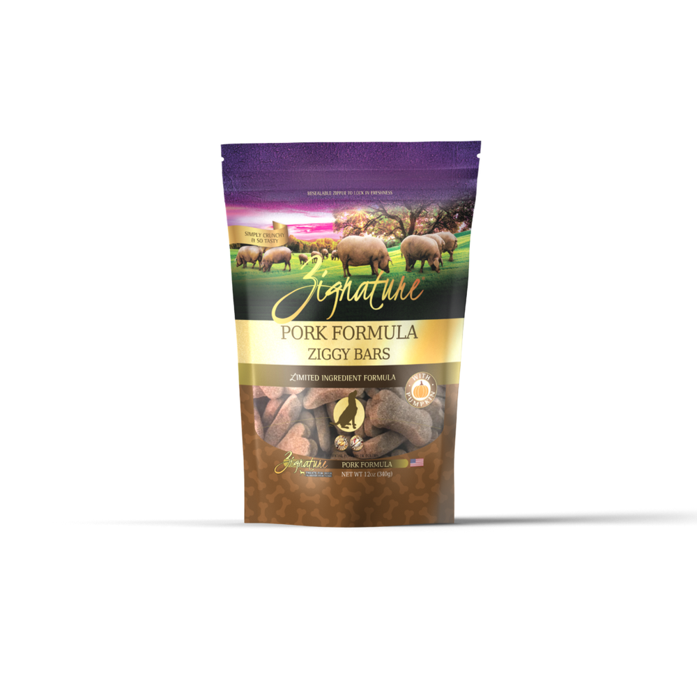 Zignature Ziggy Bars Pork Dog Treats 12oz, Front Pouch