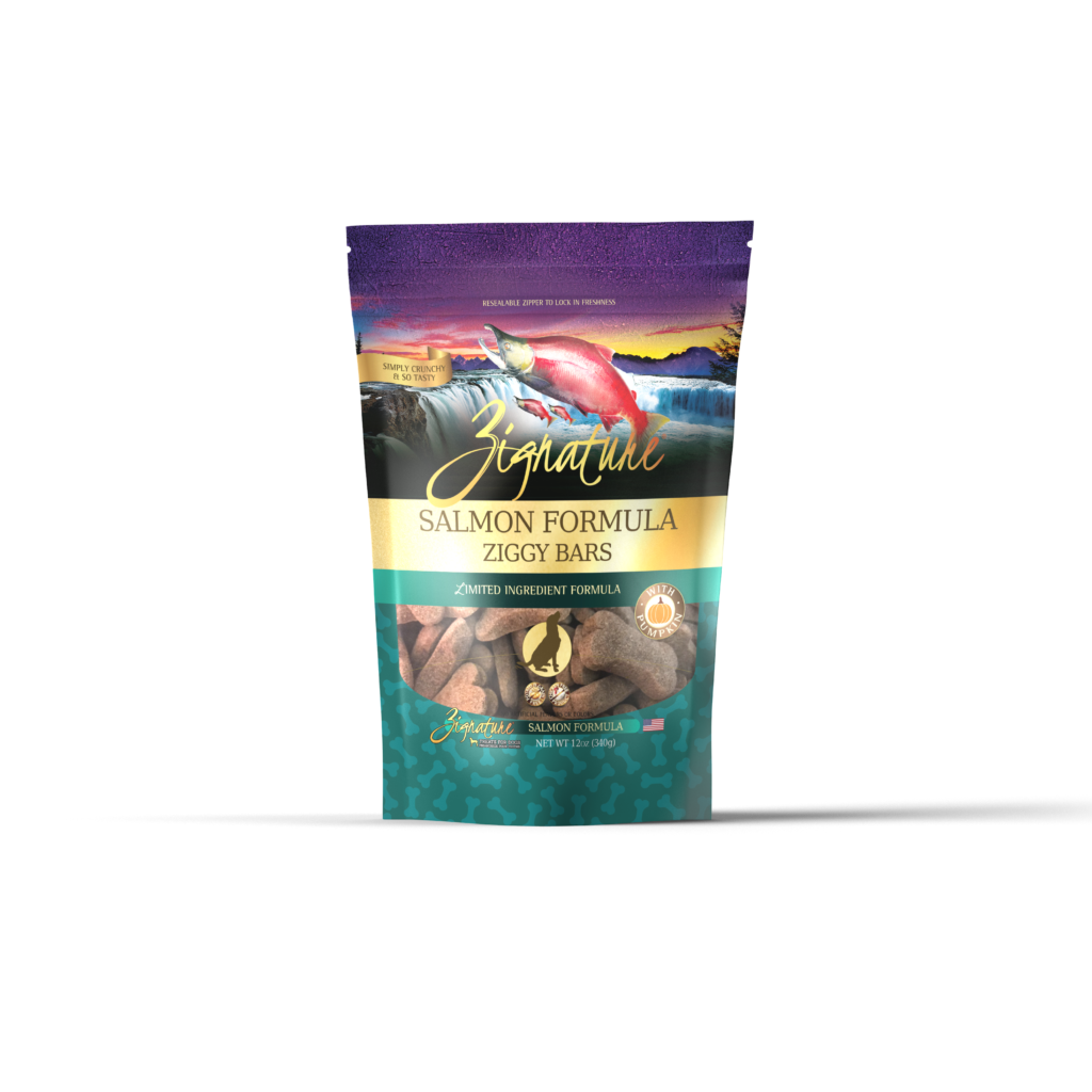 Zignature Ziggy Bars Salmon Dog Treats 12oz, Front Pouch