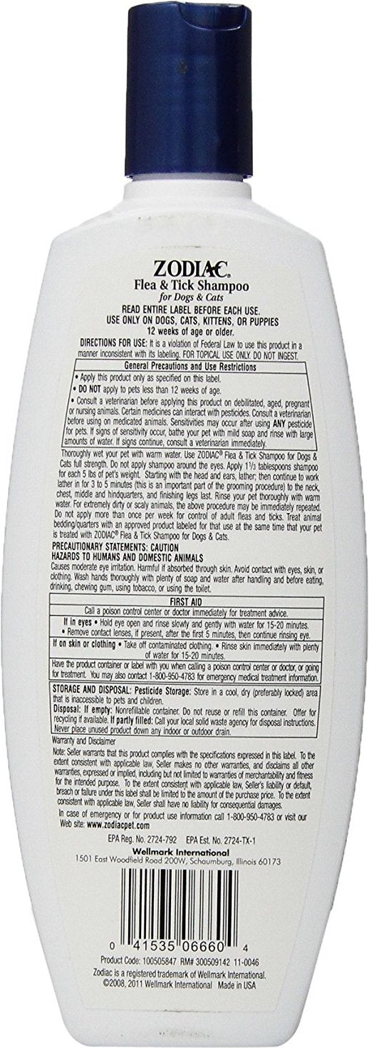 Zodiac Flea & Tick Shampoo for Dogs & Cats, Back Bottle