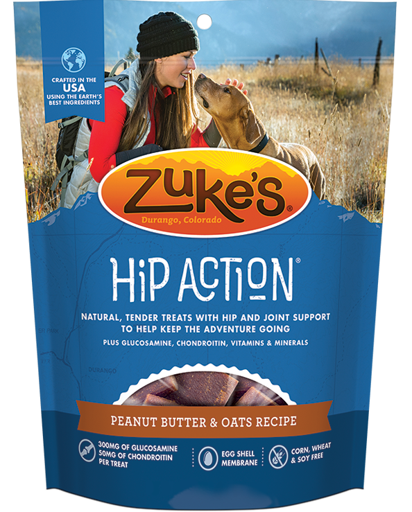 Zukes Hip Action Peanut Butter and Oats Dog Treats with Glucosamine and  Chondroitin, Front Pouch