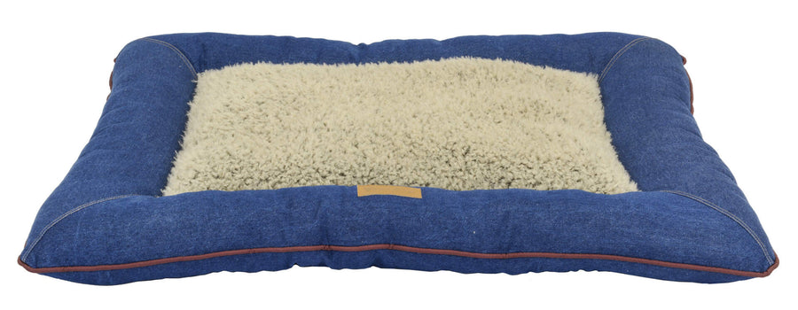 Denim Pillow Dog Bed with Accent Piping and Soft Boucle Sleeping Surface