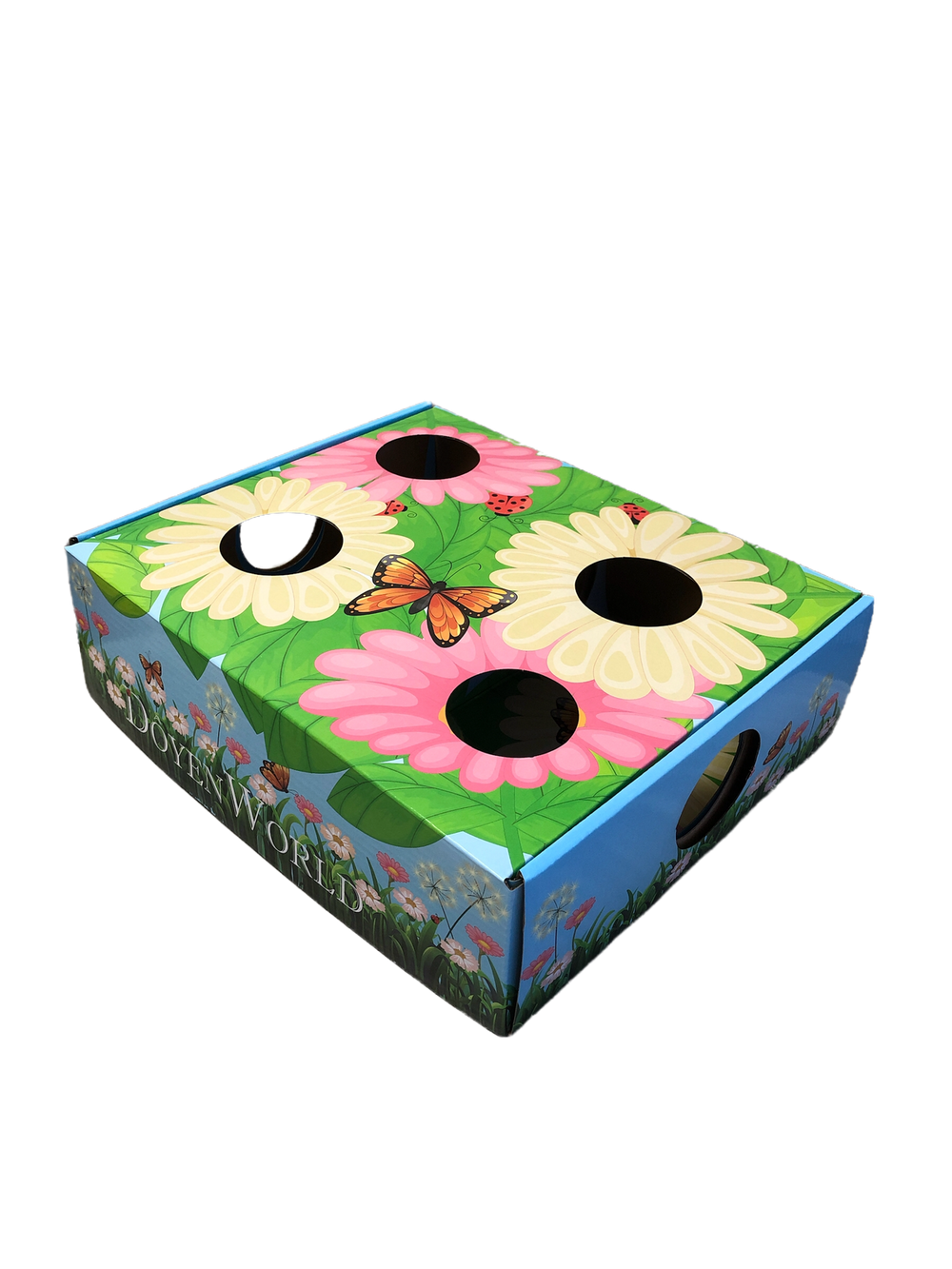 Doyen World Garden Puzzle Box cat toy with floral graphics with cutouts.