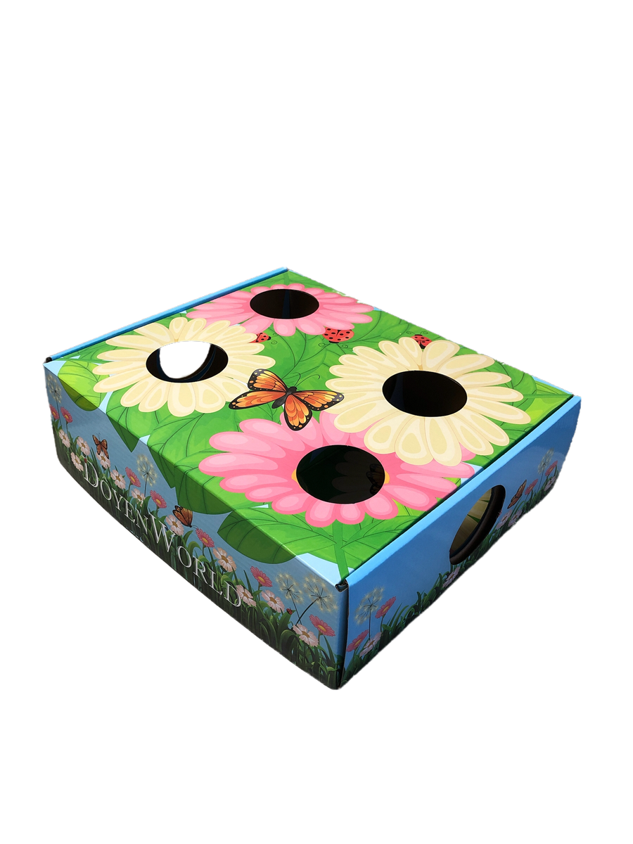Doyen World Garden Puzzle Box cat toy with floral graphics with cutouts.