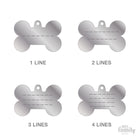 Four bone-shaped pet tags showing customization options for one, two, three, or four lines of engraved text.