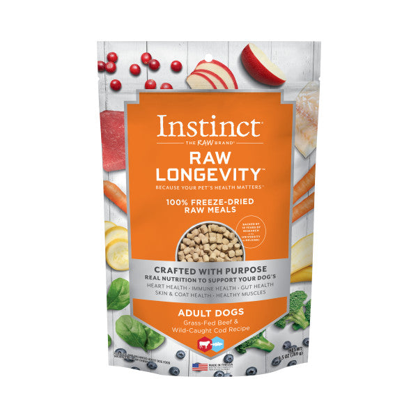 Instinct Longevity 100% Freeze Dried Raw Meals Grass-Fed Beef & Wild-Caught Cod Recipe For Adult Dogs